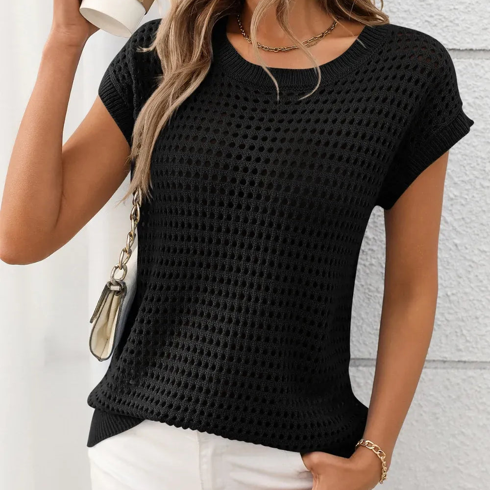 Openwork Round Neck Short Sleeve Knit Cover Up-Krush Kandy, Women's Online Fashion Boutique Located in Phoenix, Arizona (Scottsdale Area)