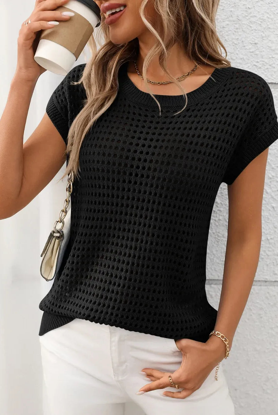 Openwork Round Neck Short Sleeve Knit Cover Up-Krush Kandy, Women's Online Fashion Boutique Located in Phoenix, Arizona (Scottsdale Area)