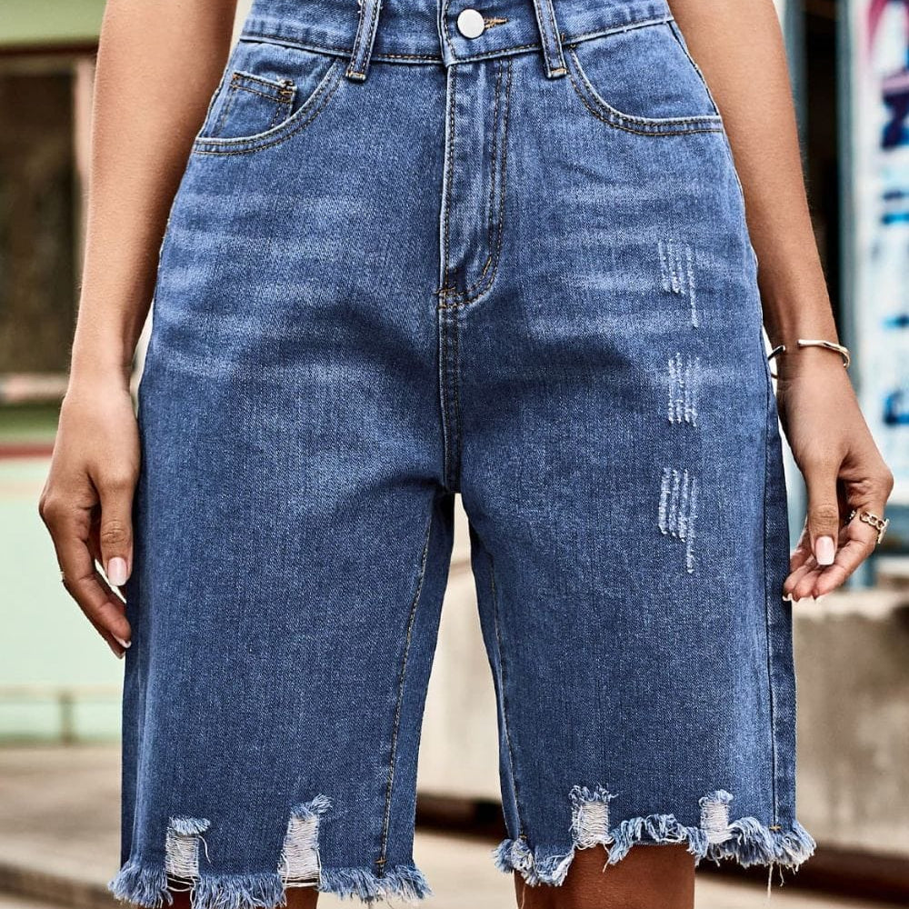 Raw Hem High Waist Denim Shorts with Pockets-Short-Krush Kandy, Women's Online Fashion Boutique Located in Phoenix, Arizona (Scottsdale Area)
