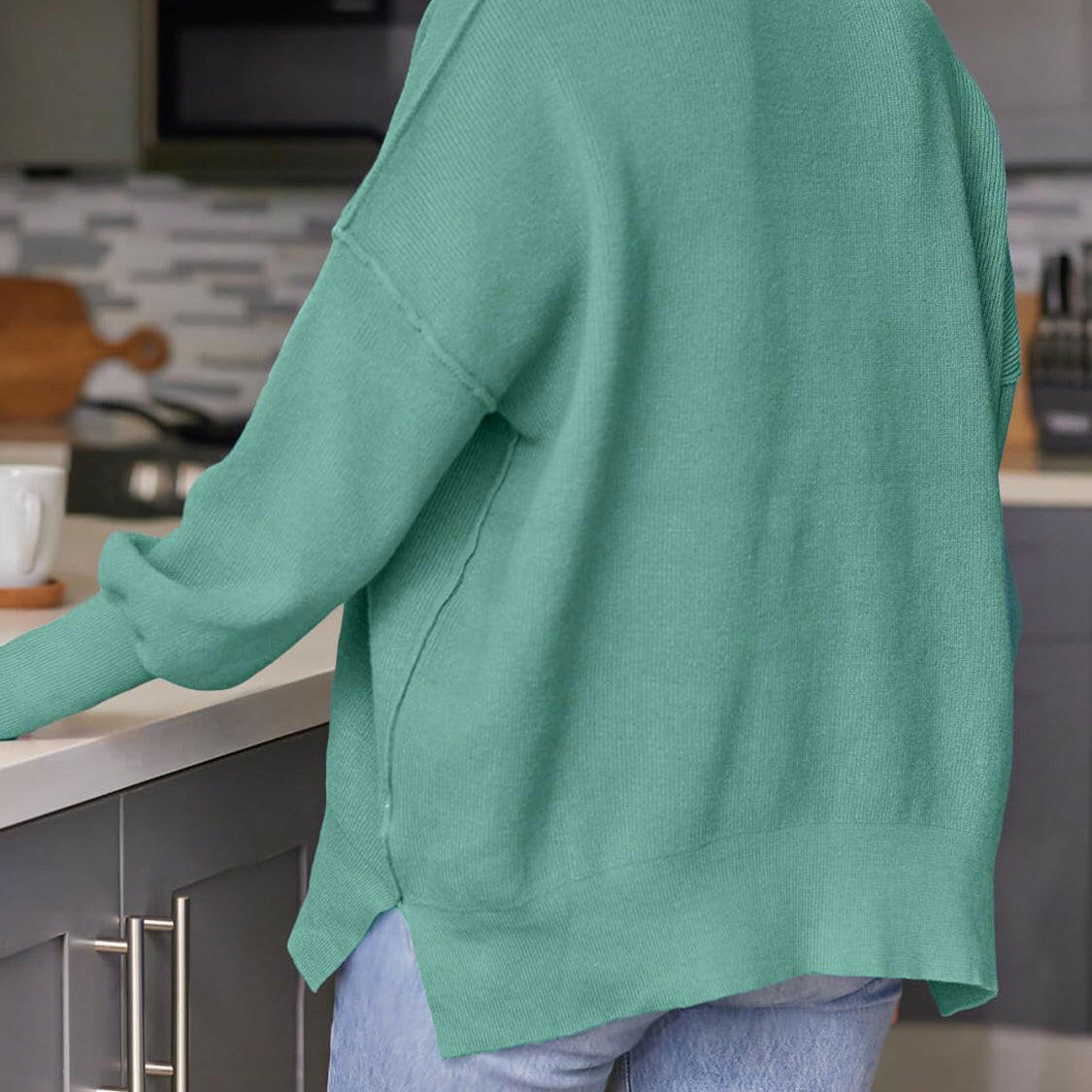 Slit Round Neck Dropped Shoulder Sweater-Krush Kandy, Women's Online Fashion Boutique Located in Phoenix, Arizona (Scottsdale Area)