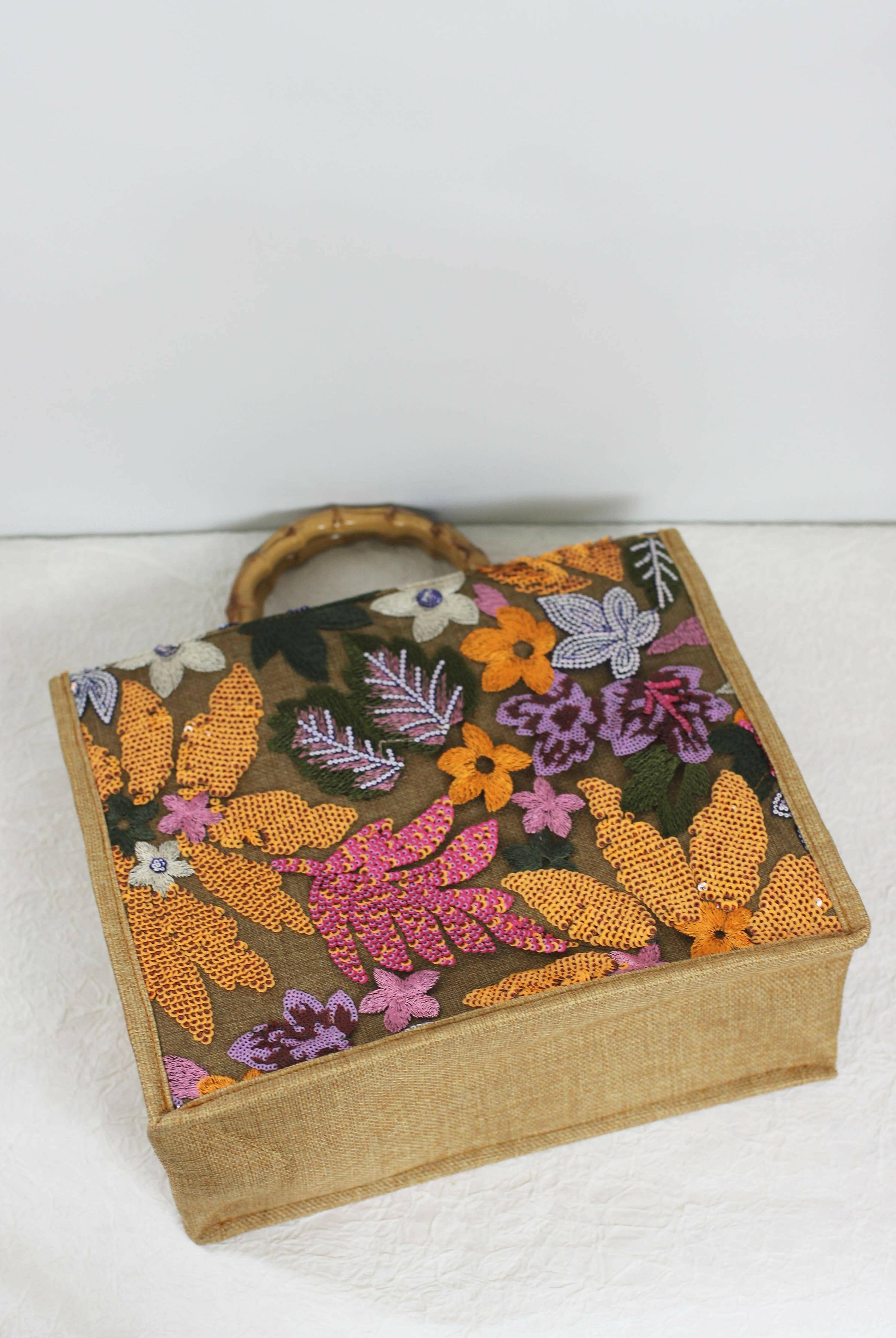 Elegant Burlap Handbag with Floral Embroidery and Bamboo Handle-handbag-Krush Kandy, Women's Online Fashion Boutique Located in Phoenix, Arizona (Scottsdale Area)