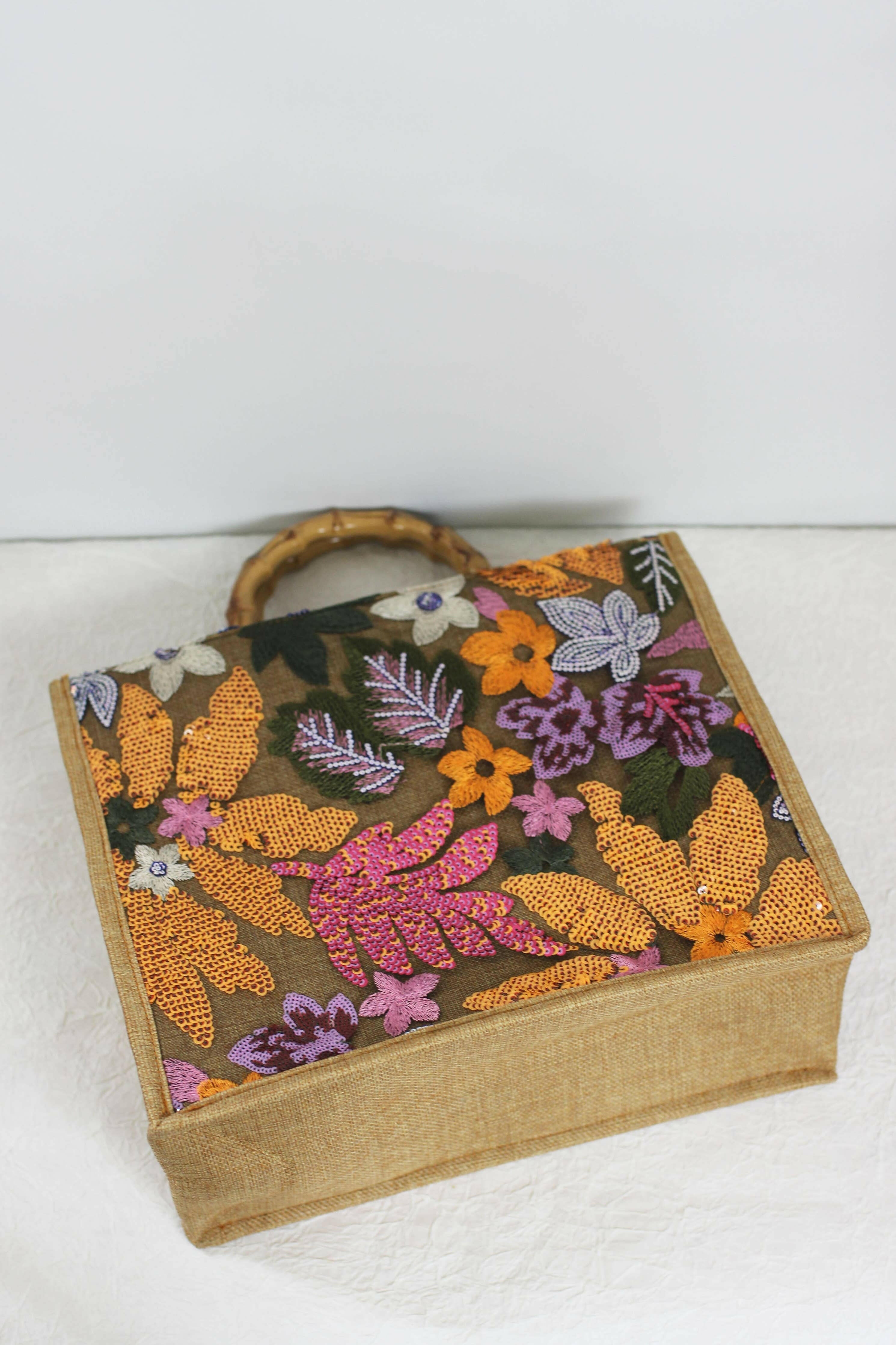 Elegant Burlap Handbag with Floral Embroidery and Bamboo Handle-handbag-Krush Kandy, Women's Online Fashion Boutique Located in Phoenix, Arizona (Scottsdale Area)