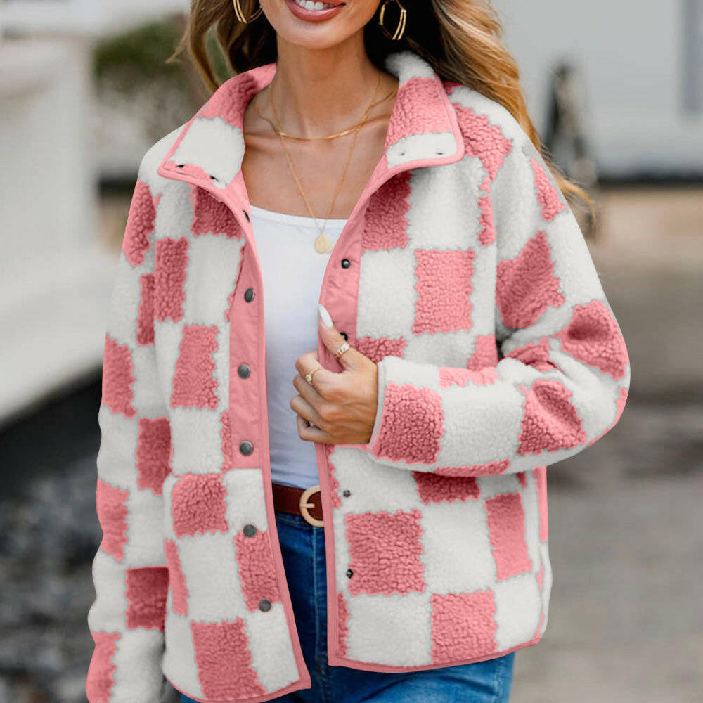 Checkered Snap Down Long Sleeve Teddy Jacket-Krush Kandy, Women's Online Fashion Boutique Located in Phoenix, Arizona (Scottsdale Area)