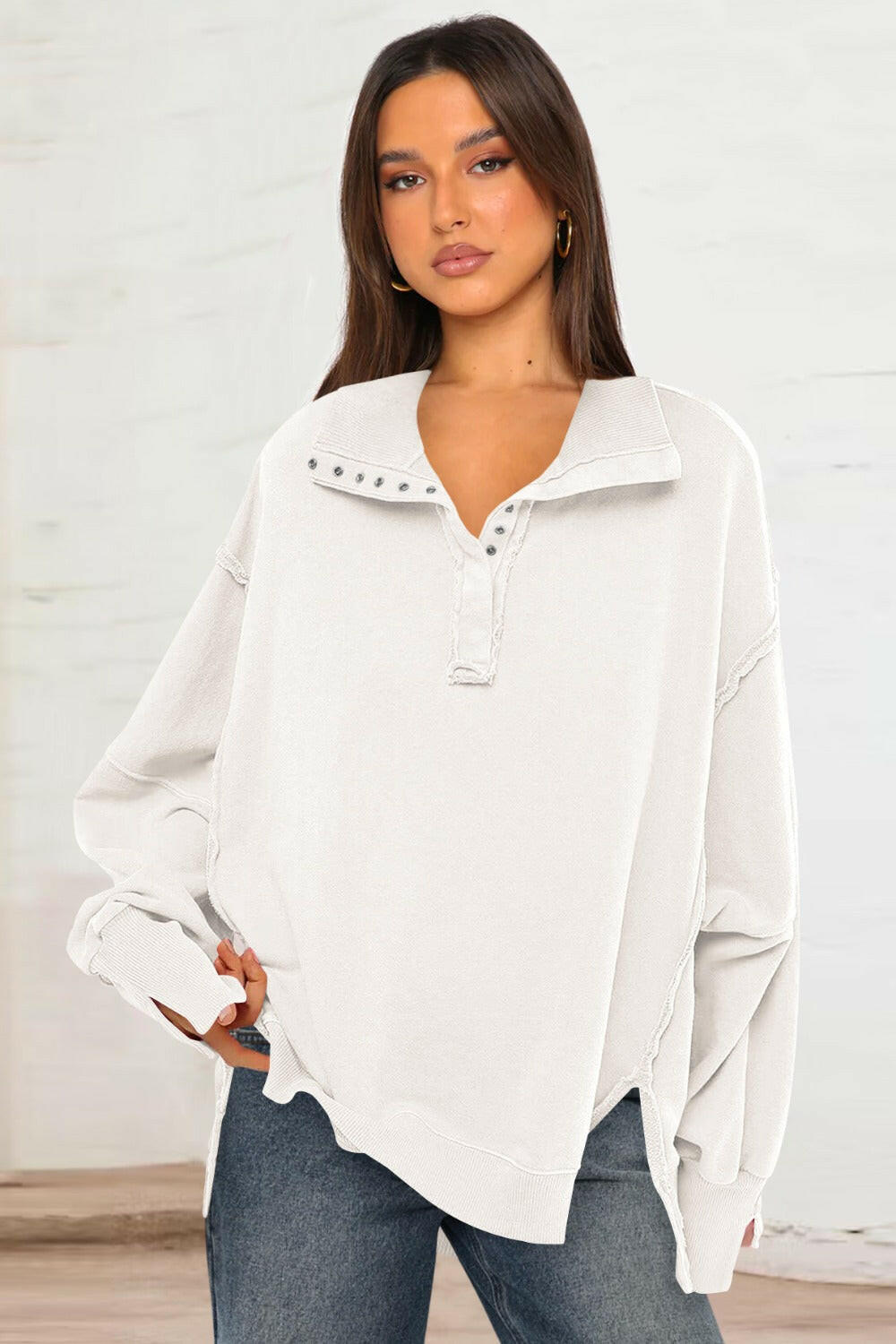 Exposed Seam Side Slit Long Sleeve Sweatshirt-Krush Kandy, Women's Online Fashion Boutique Located in Phoenix, Arizona (Scottsdale Area)