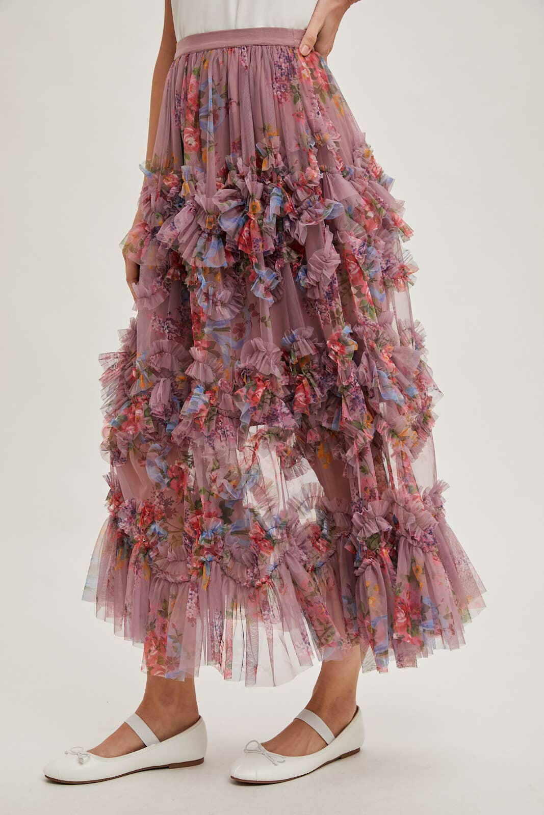 Floral Ruffled Mesh Midi Skirt-Skirts-Krush Kandy, Women's Online Fashion Boutique Located in Phoenix, Arizona (Scottsdale Area)