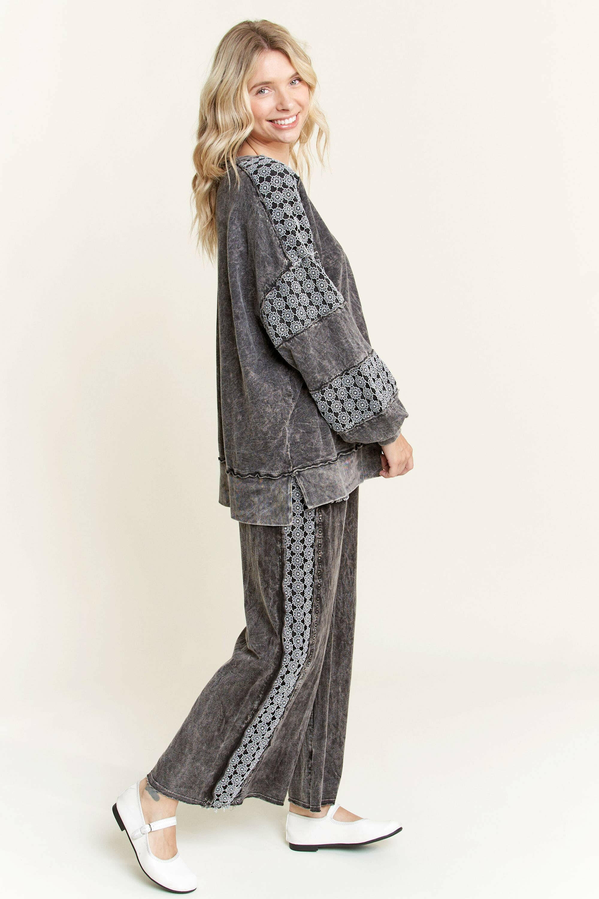 MineralWash Floral Daisy trim Pants-PANTS-Krush Kandy, Women's Online Fashion Boutique Located in Phoenix, Arizona (Scottsdale Area)