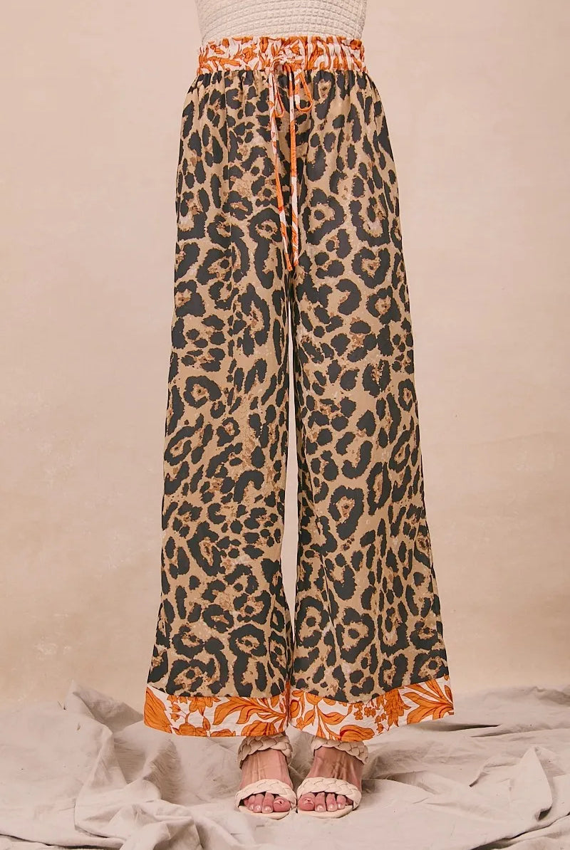 BiBi Leopard Print With Contrast Banded Wide Pants-pants-Krush Kandy, Women's Online Fashion Boutique Located in Phoenix, Arizona (Scottsdale Area)