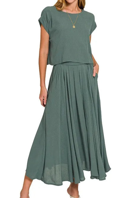 Woven Crinkle Gauze Crop Tee and Skirt Set-2 Piece Outfit Sets-Krush Kandy, Women's Online Fashion Boutique Located in Phoenix, Arizona (Scottsdale Area)