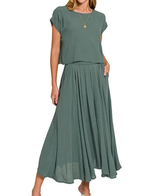 Woven Crinkle Gauze Crop Tee and Skirt Set-2 Piece Outfit Sets-Krush Kandy, Women's Online Fashion Boutique Located in Phoenix, Arizona (Scottsdale Area)