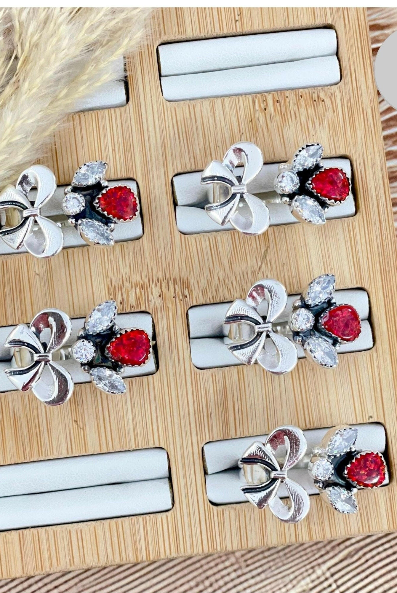 Sterling Bow, Red Opal & White CZ Ring-Rings-Krush Kandy, Women's Online Fashion Boutique Located in Phoenix, Arizona (Scottsdale Area)