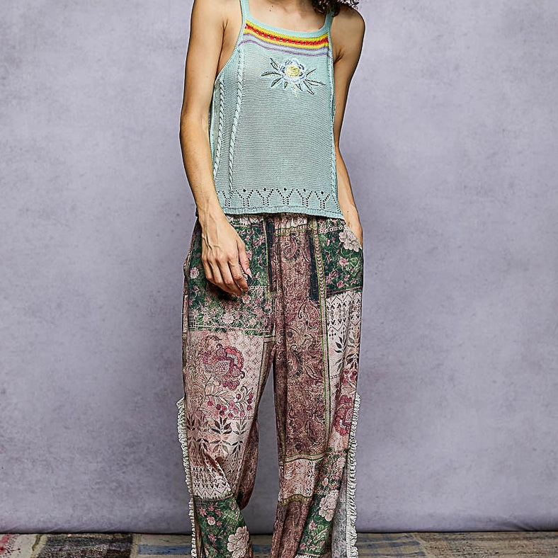Patchwork Exaggerated Side Slit Printed Woven Pants