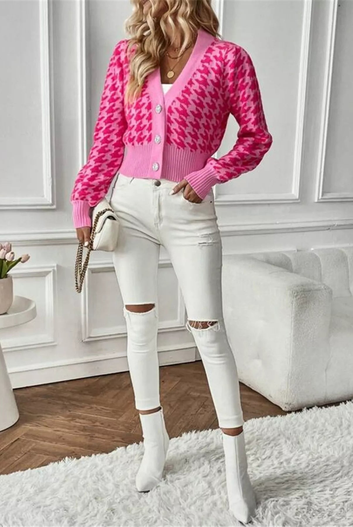 Houndstooth V-Neck Button Up Cardigan-Cardigan-Krush Kandy, Women's Online Fashion Boutique Located in Phoenix, Arizona (Scottsdale Area)
