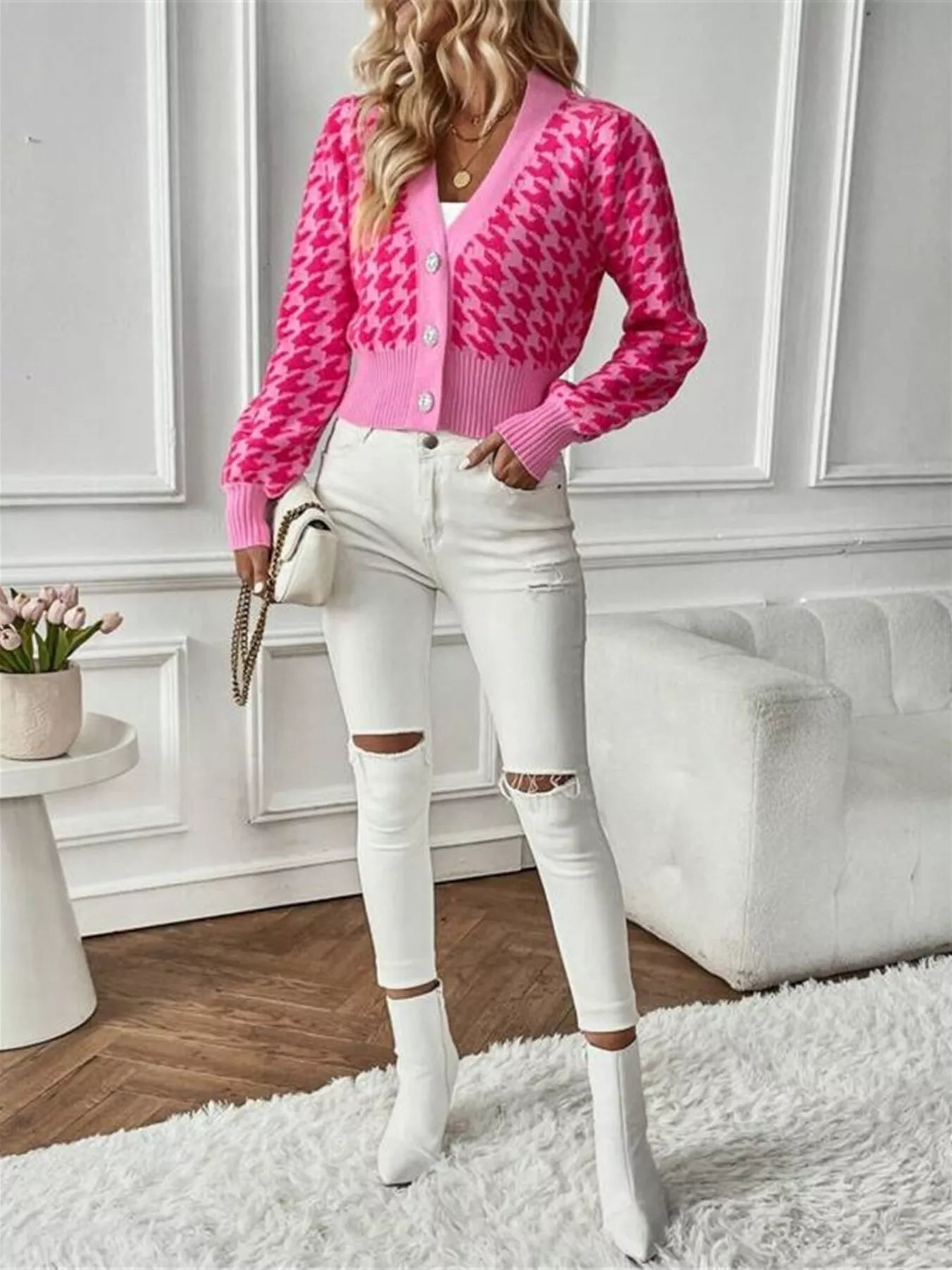 Houndstooth V-Neck Button Up Cardigan-Cardigan-Krush Kandy, Women's Online Fashion Boutique Located in Phoenix, Arizona (Scottsdale Area)