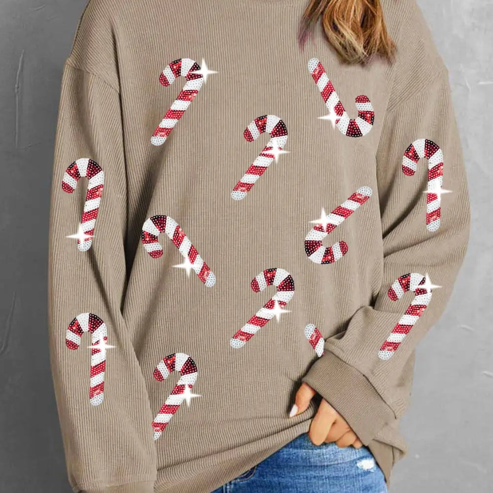 Sequin Candy Cane Round Neck Sweatshirt-Sweaters-Krush Kandy, Women's Online Fashion Boutique Located in Phoenix, Arizona (Scottsdale Area)