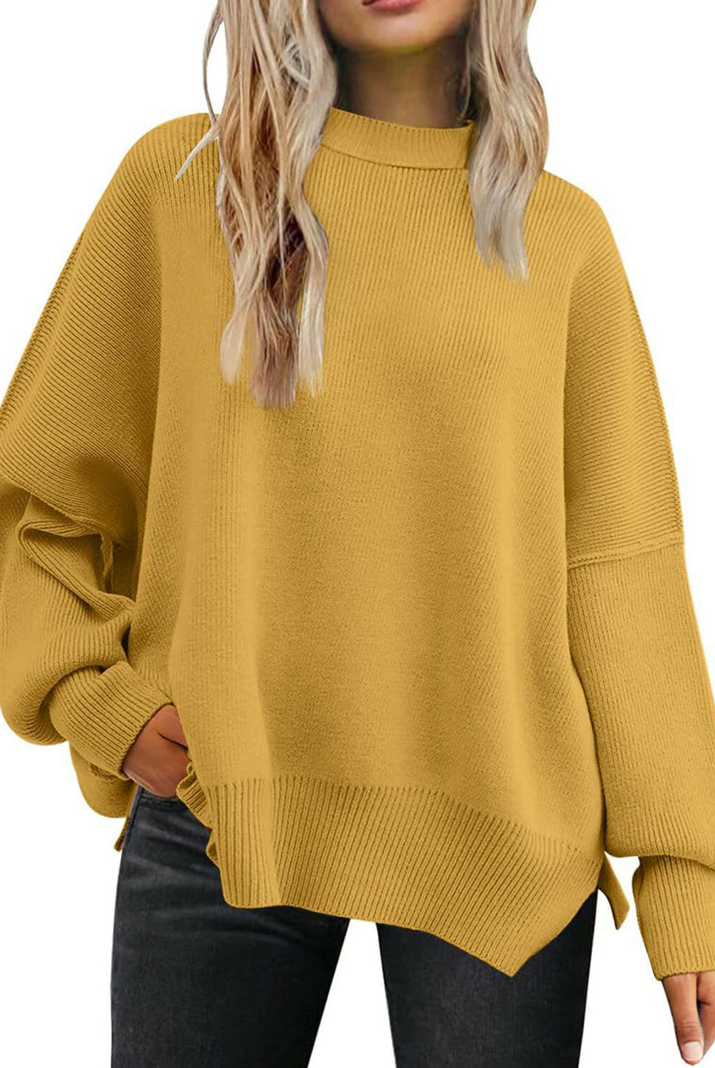 Slit Round Neck Dropped Shoulder Sweater-Krush Kandy, Women's Online Fashion Boutique Located in Phoenix, Arizona (Scottsdale Area)