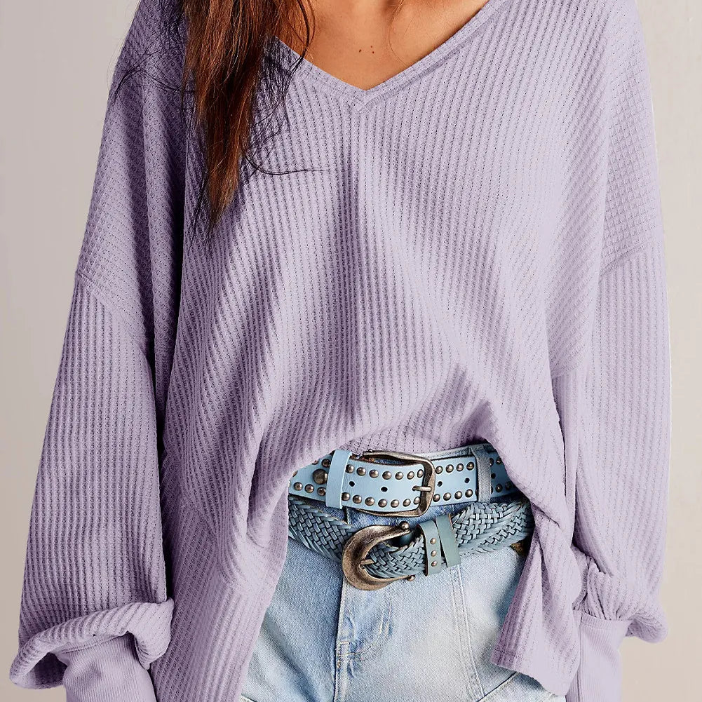 Waffle-Knit V-Neck Long Sleeve Top-Long Sleeve Tops-Krush Kandy, Women's Online Fashion Boutique Located in Phoenix, Arizona (Scottsdale Area)