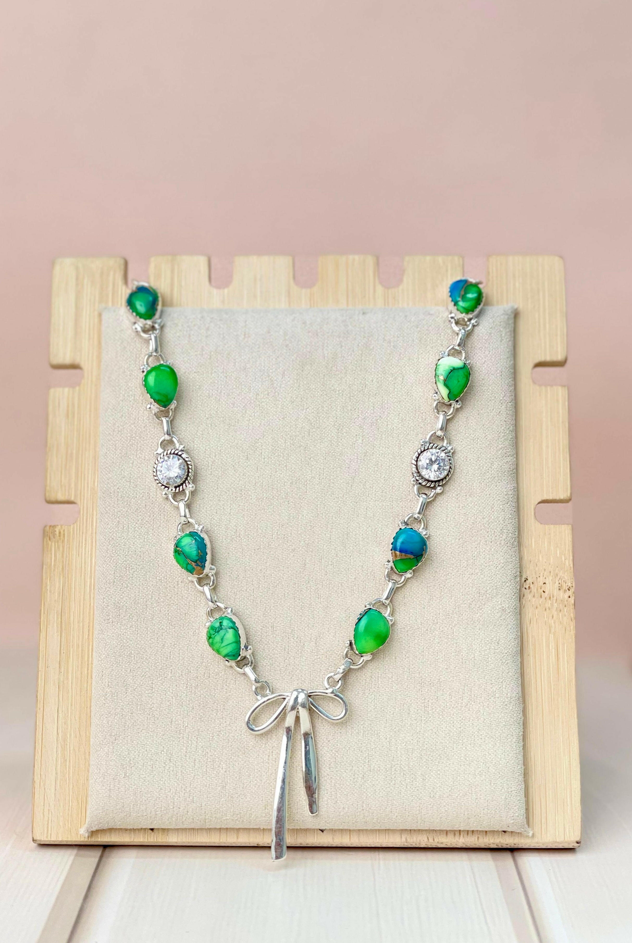 Peacock Dahlia Crystal and Bow Necklace-Necklaces-Krush Kandy, Women's Online Fashion Boutique Located in Phoenix, Arizona (Scottsdale Area)