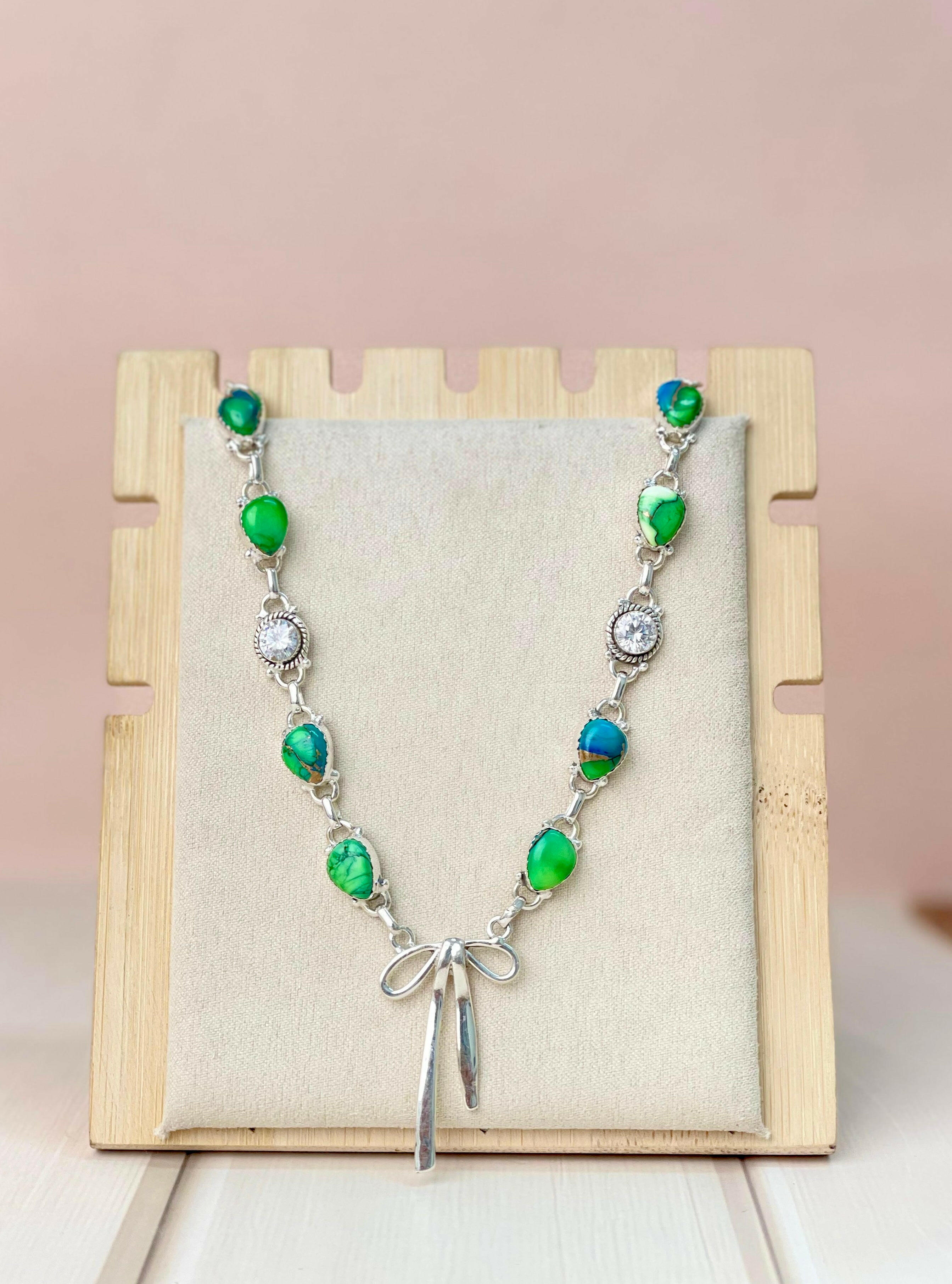 Peacock Dahlia Crystal and Bow Necklace-Necklaces-Krush Kandy, Women's Online Fashion Boutique Located in Phoenix, Arizona (Scottsdale Area)