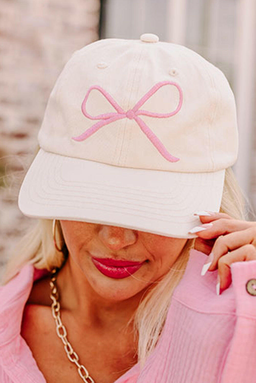 White Baseball Cap with Pink Bow Embroidery-Hats-Krush Kandy, Women's Online Fashion Boutique Located in Phoenix, Arizona (Scottsdale Area)