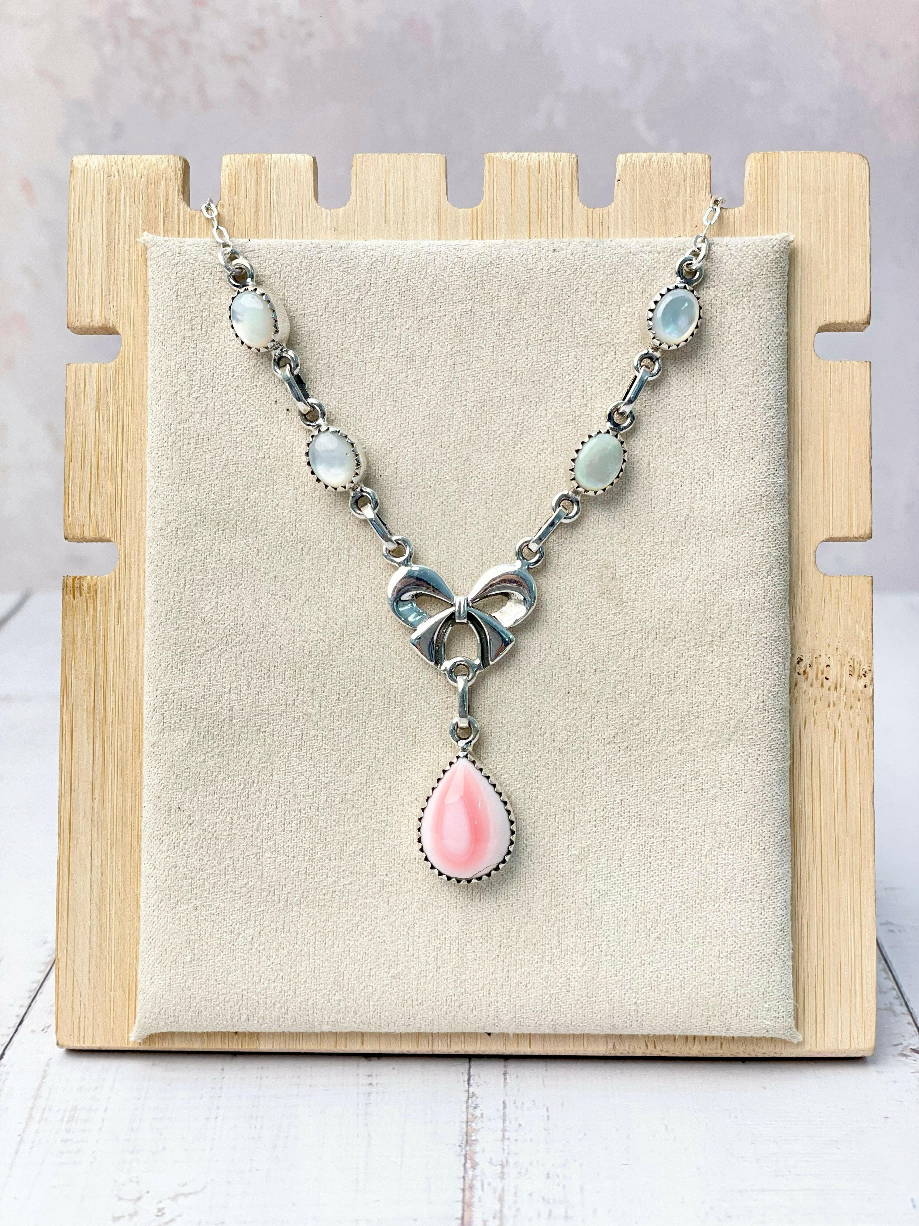 Pink Conch, White Shell & Crystal Bow Necklace-Necklaces-Krush Kandy, Women's Online Fashion Boutique Located in Phoenix, Arizona (Scottsdale Area)