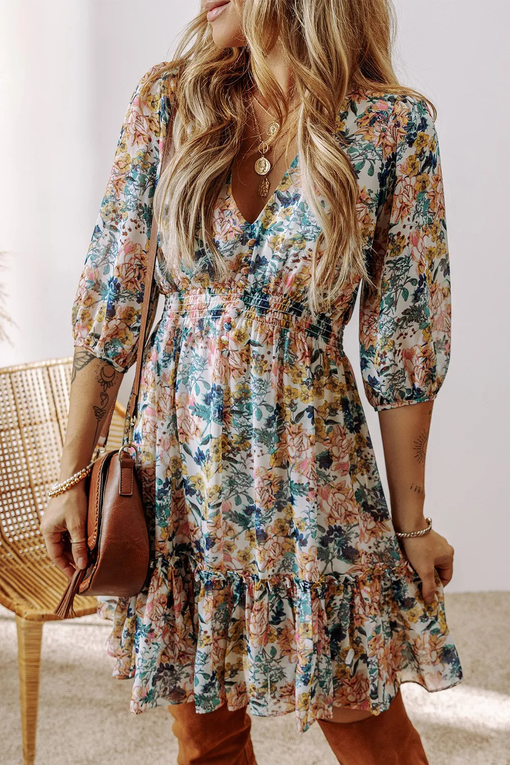 Blooming Grace: Blue Floral High Waisted Dress-Dresses-Krush Kandy, Women's Online Fashion Boutique Located in Phoenix, Arizona (Scottsdale Area)
