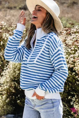 Blue Striped Quarter Zip Sweater-Hoodies-Krush Kandy, Women's Online Fashion Boutique Located in Phoenix, Arizona (Scottsdale Area)