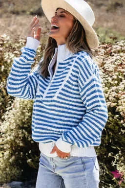 Blue Striped Quarter Zip Sweater-Hoodies-Krush Kandy, Women's Online Fashion Boutique Located in Phoenix, Arizona (Scottsdale Area)