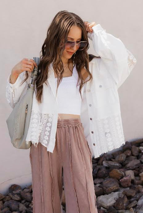 Woman in white jacket and pink pants, style 2