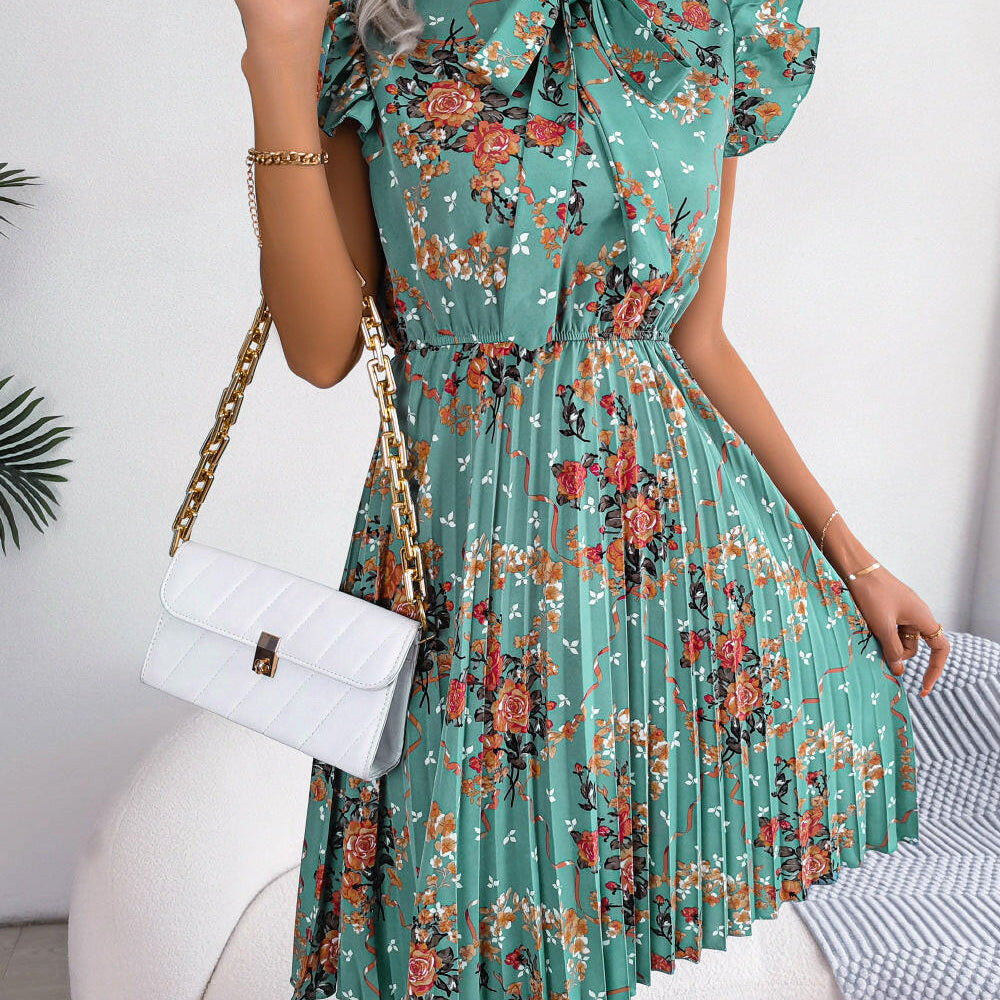 Garden Bloom Pleated Tie-Neck Dress-Dresses-Krush Kandy, Women's Online Fashion Boutique Located in Phoenix, Arizona (Scottsdale Area)