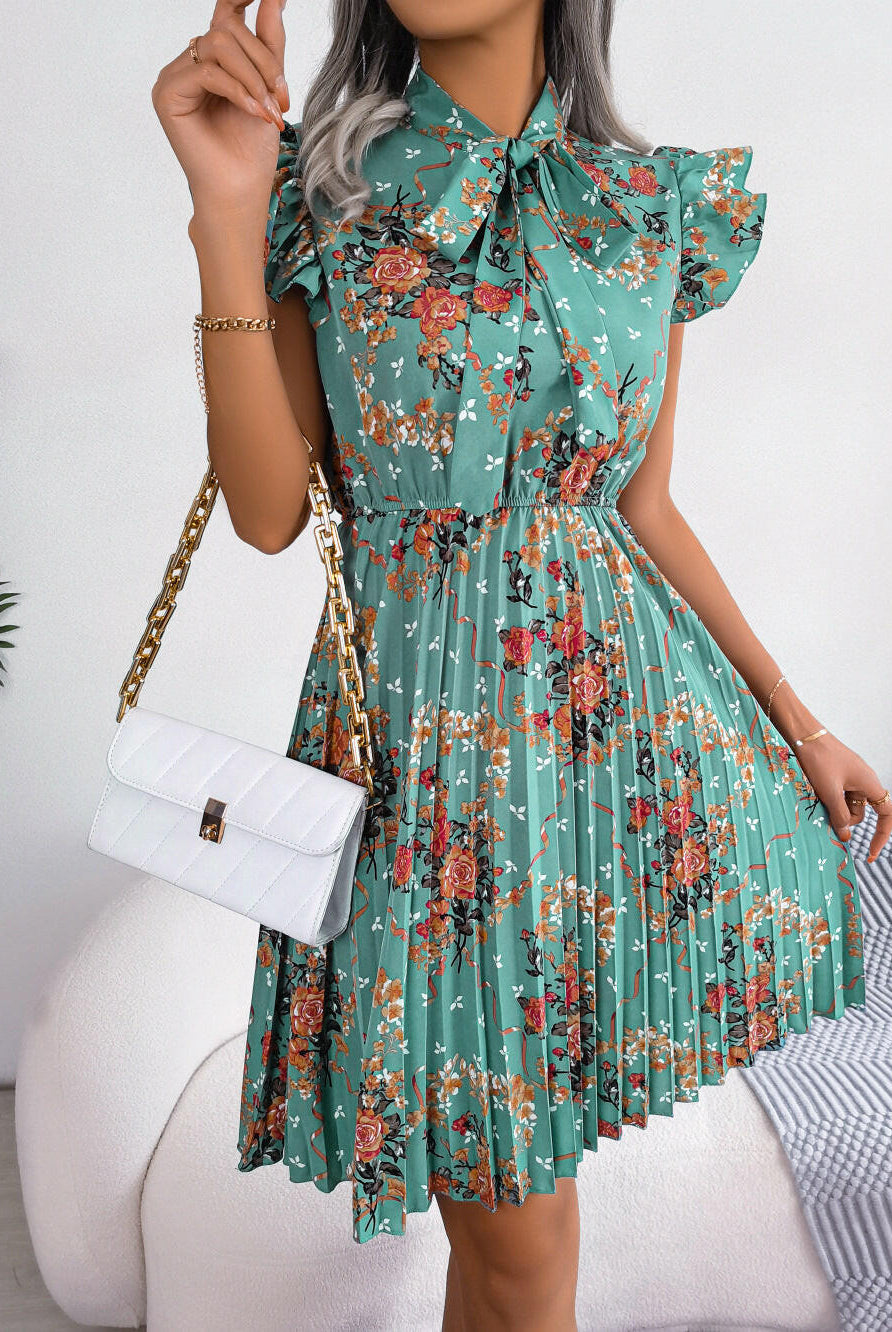 Garden Bloom Pleated Tie-Neck Dress-Dresses-Krush Kandy, Women's Online Fashion Boutique Located in Phoenix, Arizona (Scottsdale Area)