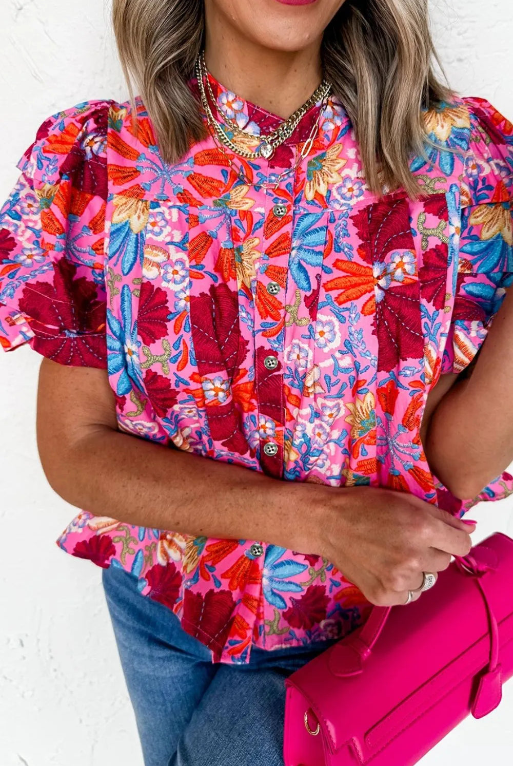 Floral Puff Sleeve Button-Up Top-Tops-Krush Kandy, Women's Online Fashion Boutique Located in Phoenix, Arizona (Scottsdale Area)