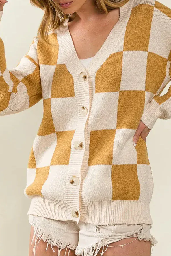 BiBi Checked V-neck Cardigan-Tops-Krush Kandy, Women's Online Fashion Boutique Located in Phoenix, Arizona (Scottsdale Area)