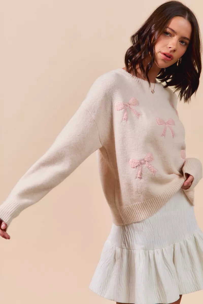 SO ME Embroidered Ribbon Round Neck Sweater-Sweaters-Krush Kandy, Women's Online Fashion Boutique Located in Phoenix, Arizona (Scottsdale Area)