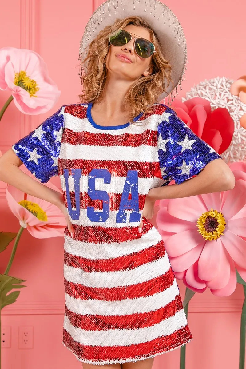 BiBi American Flag Theme Usa Print Sequin Dress-Dresses-Krush Kandy, Women's Online Fashion Boutique Located in Phoenix, Arizona (Scottsdale Area)