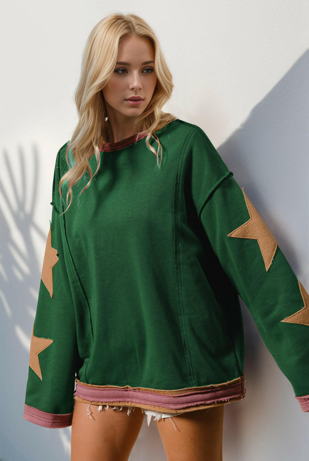 Star Patched Long Sleeve Sweatshirt-Sweatshirts-Krush Kandy, Women's Online Fashion Boutique Located in Phoenix, Arizona (Scottsdale Area)
