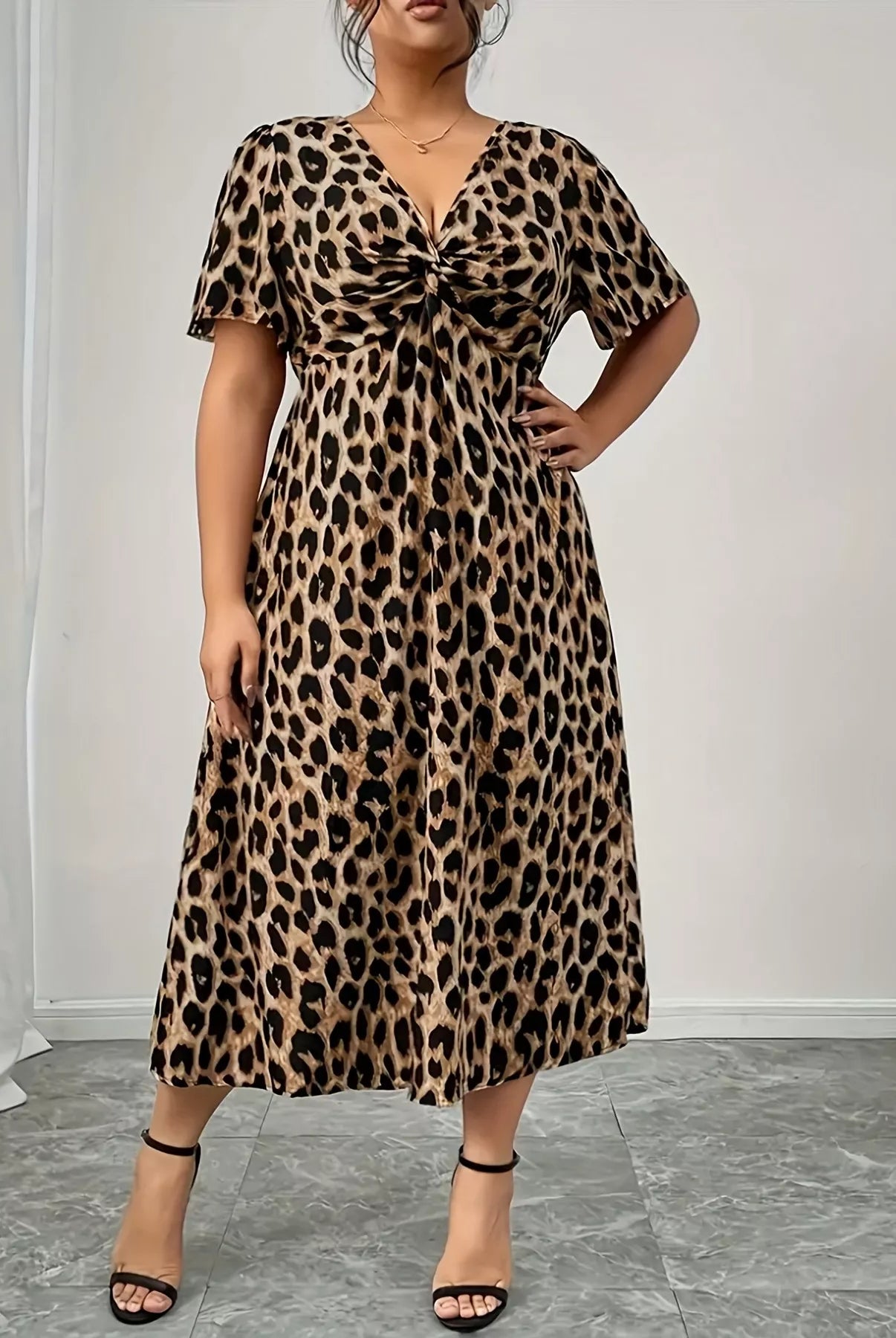 Plus Size Twisted Front Leopard Short Sleeve Dress-Dresses-Krush Kandy, Women's Online Fashion Boutique Located in Phoenix, Arizona (Scottsdale Area)