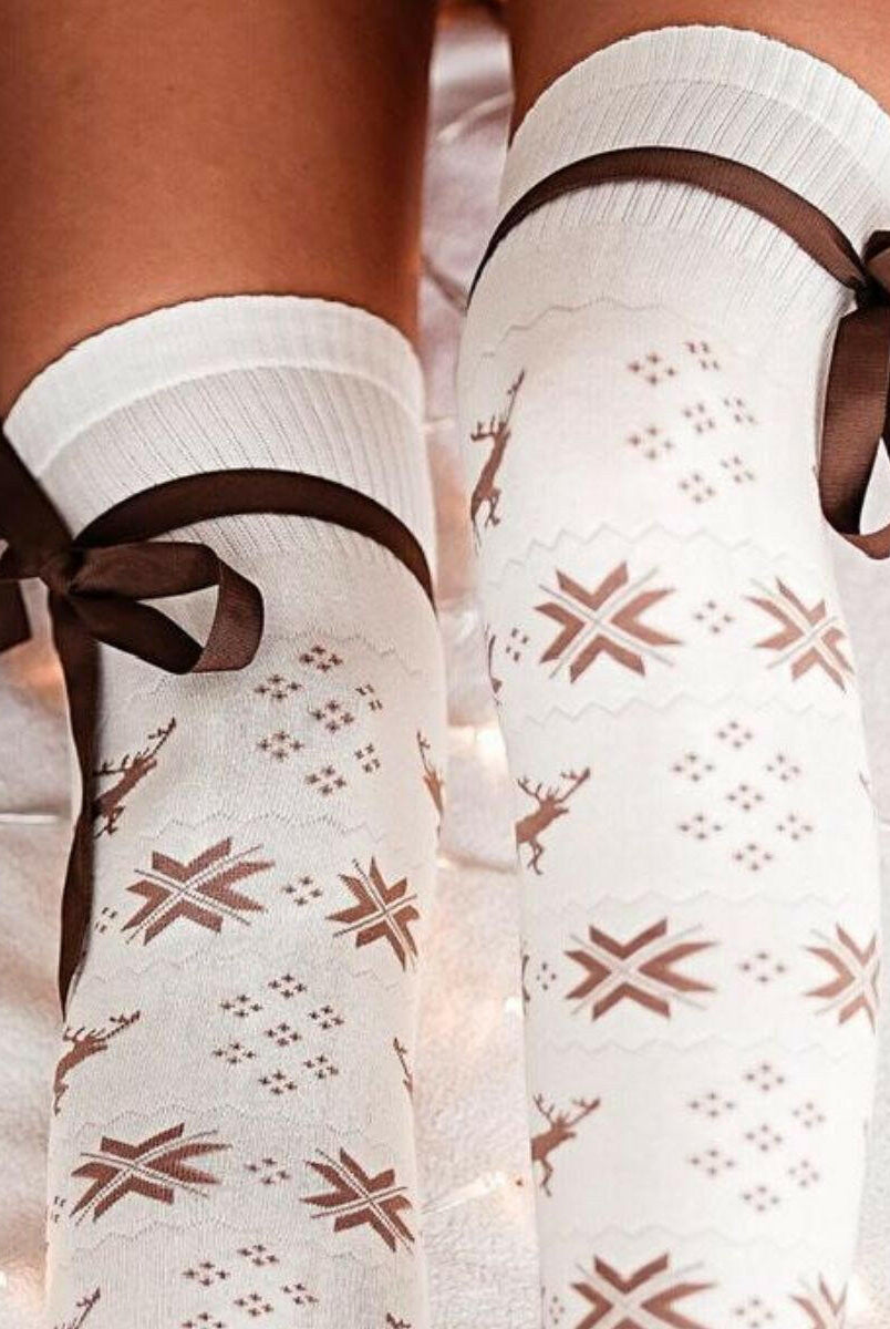 Christmas Element Bowknot Ribbed Trim Over Knee Stockings-Accessories-Krush Kandy, Women's Online Fashion Boutique Located in Phoenix, Arizona (Scottsdale Area)