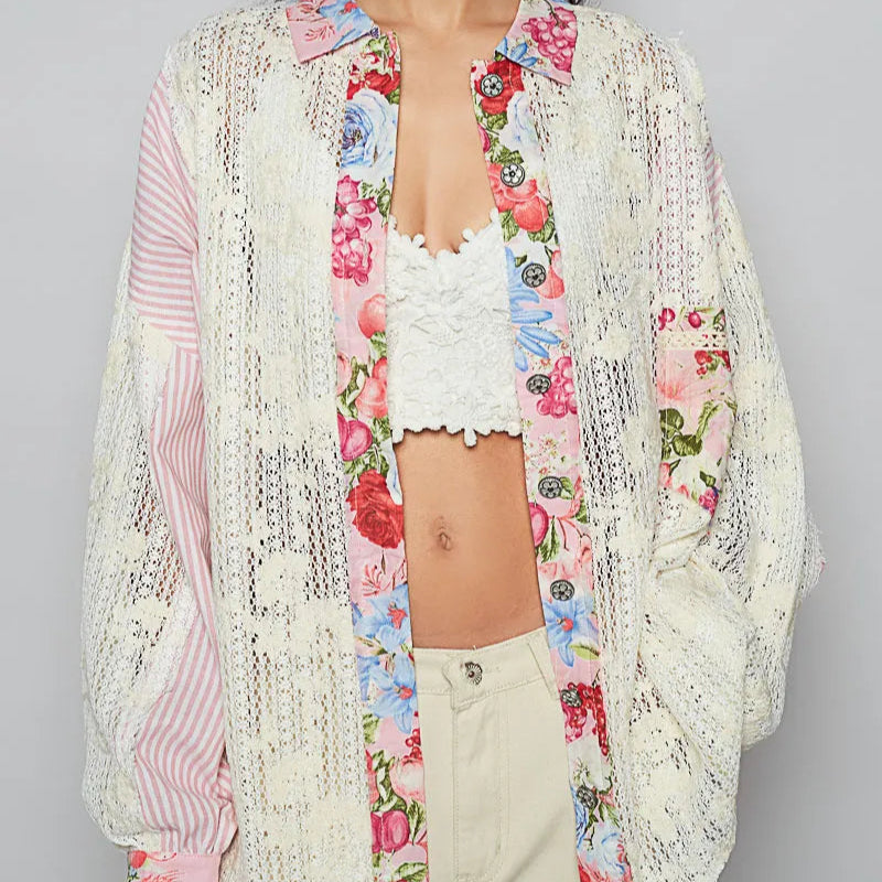 POL Lace Long Sleeve Shirt with Floral and Striped Pattern-Cardigan-Krush Kandy, Women's Online Fashion Boutique Located in Phoenix, Arizona (Scottsdale Area)