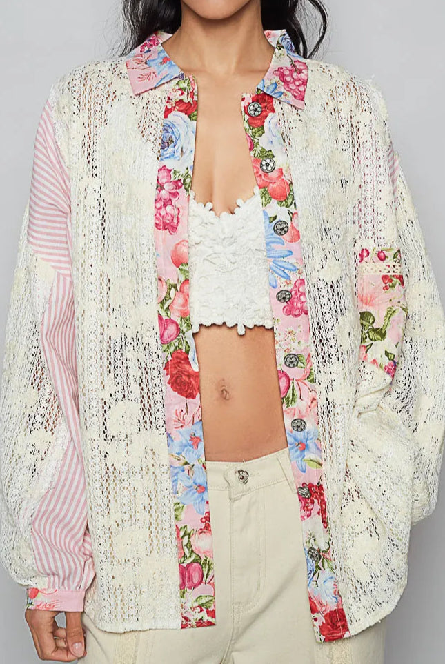 POL Lace Long Sleeve Shirt with Floral and Striped Pattern-Cardigan-Krush Kandy, Women's Online Fashion Boutique Located in Phoenix, Arizona (Scottsdale Area)