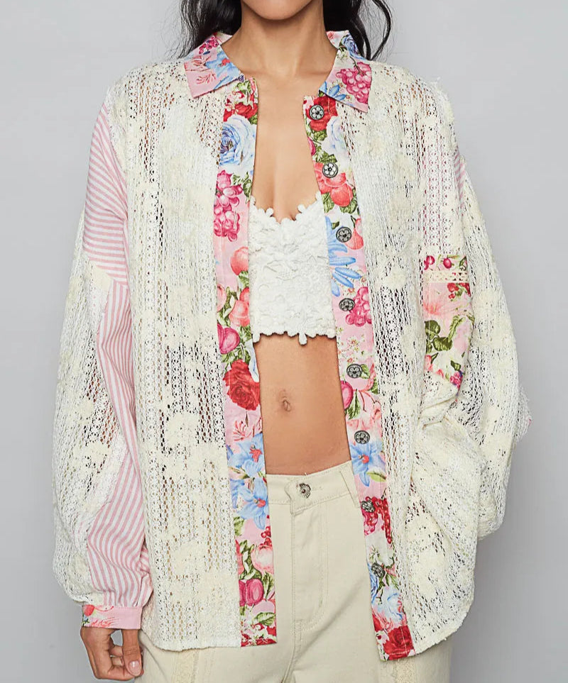 POL Lace Long Sleeve Shirt with Floral and Striped Pattern-Cardigan-Krush Kandy, Women's Online Fashion Boutique Located in Phoenix, Arizona (Scottsdale Area)