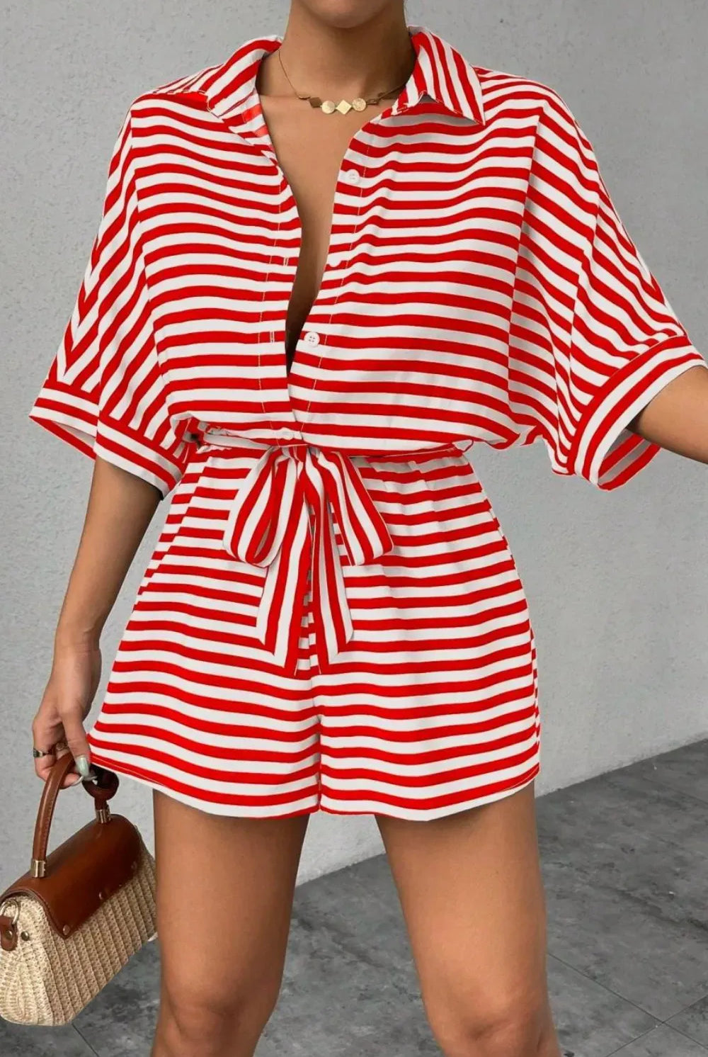 Striped Collared Neck Tie Waist Romper-Krush Kandy, Women's Online Fashion Boutique Located in Phoenix, Arizona (Scottsdale Area)