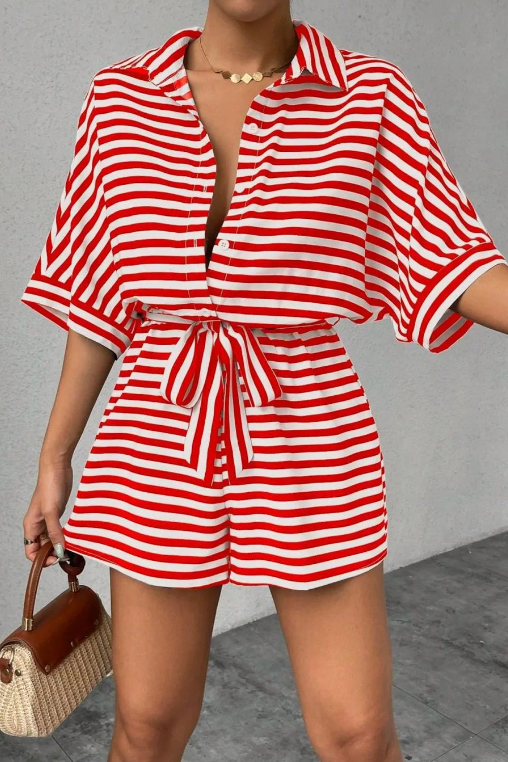 Striped Collared Neck Tie Waist Romper-Krush Kandy, Women's Online Fashion Boutique Located in Phoenix, Arizona (Scottsdale Area)