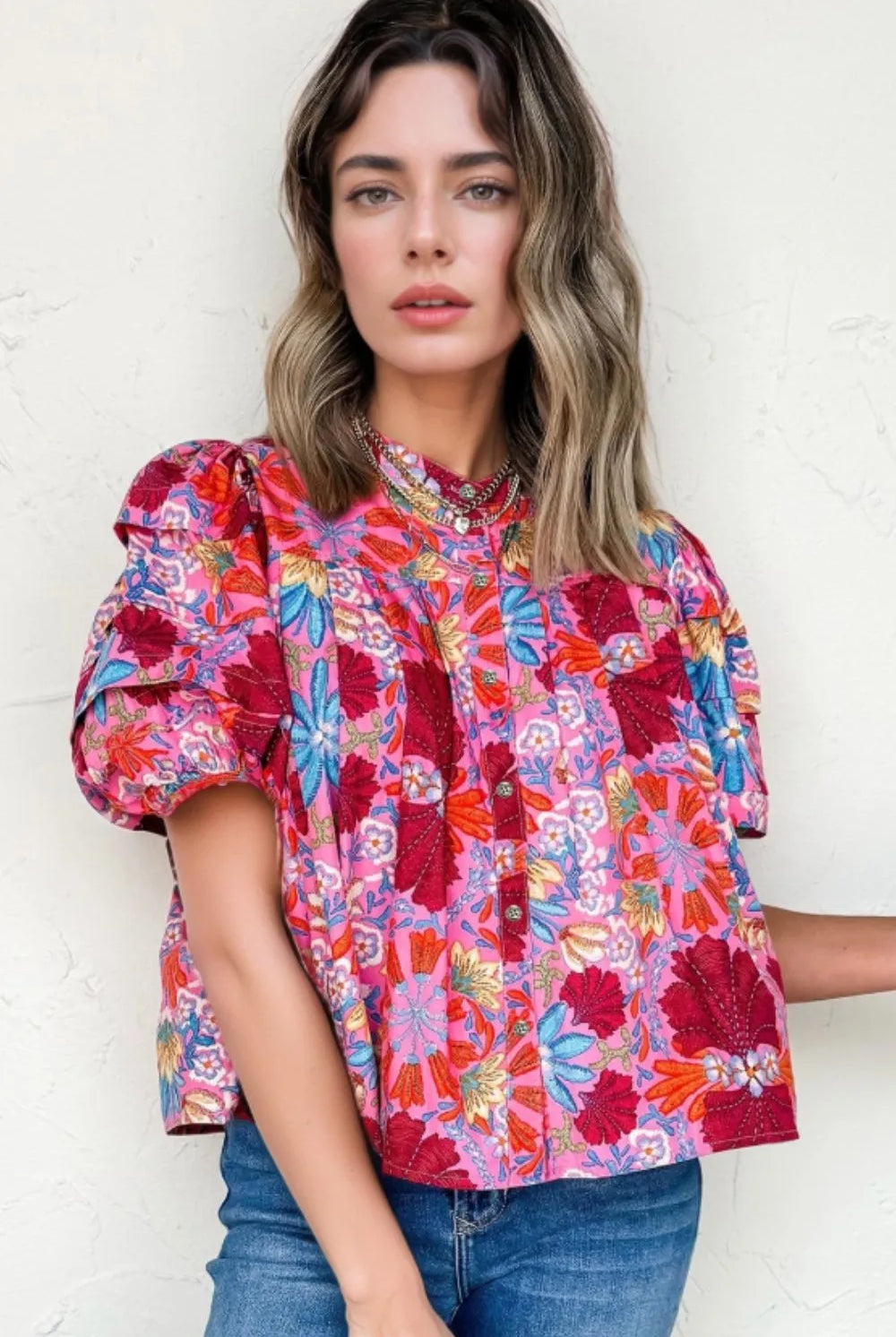 Floral Puff Sleeve Button-Up Top-Tops-Krush Kandy, Women's Online Fashion Boutique Located in Phoenix, Arizona (Scottsdale Area)