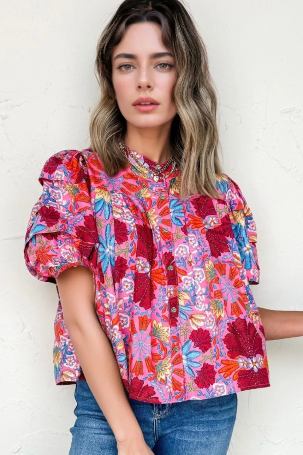 Floral Puff Sleeve Button-Up Top-Tops-Krush Kandy, Women's Online Fashion Boutique Located in Phoenix, Arizona (Scottsdale Area)