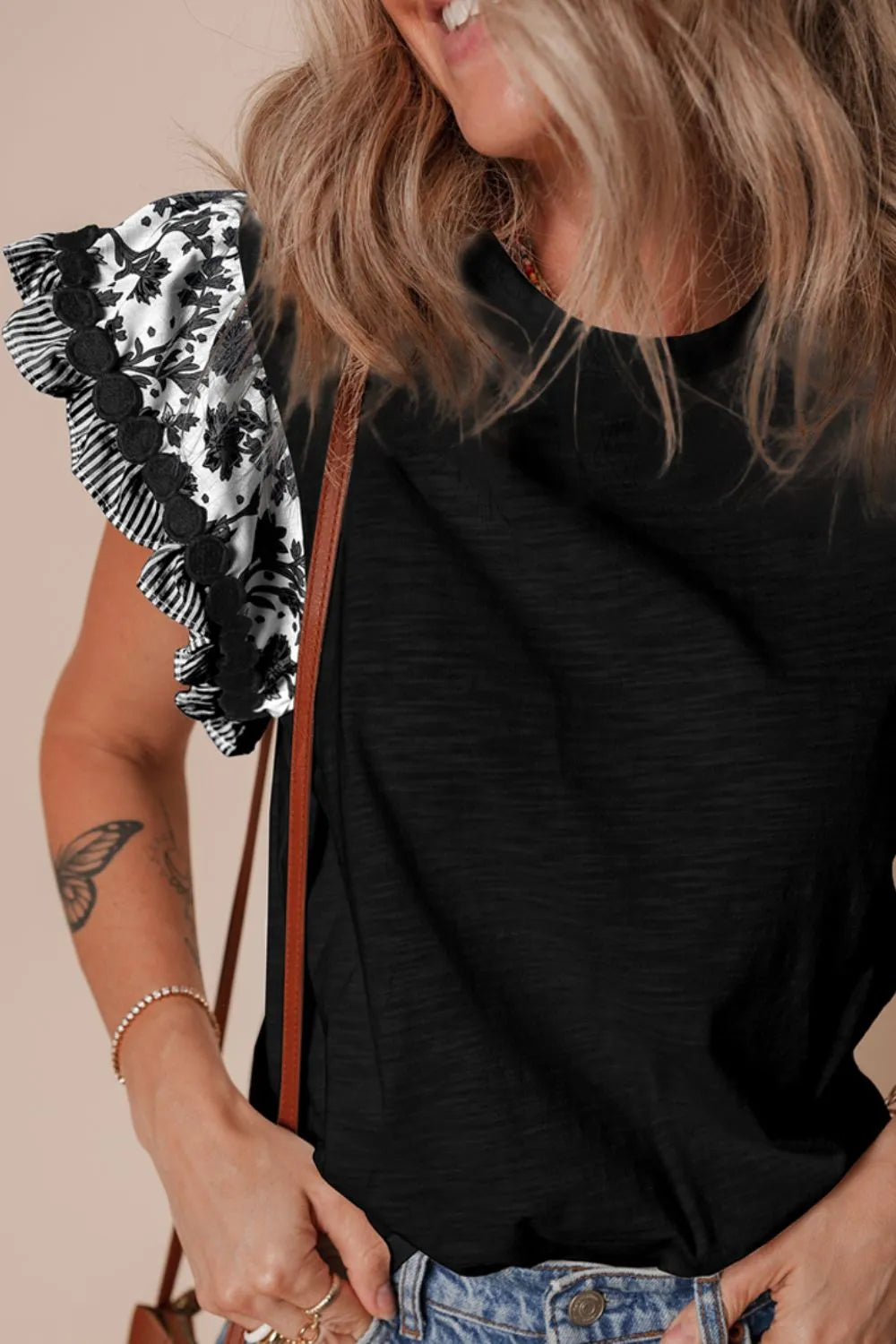 Round Neck Printed Ruffled Cap Sleeve Blouse-Tops-Krush Kandy, Women's Online Fashion Boutique Located in Phoenix, Arizona (Scottsdale Area)