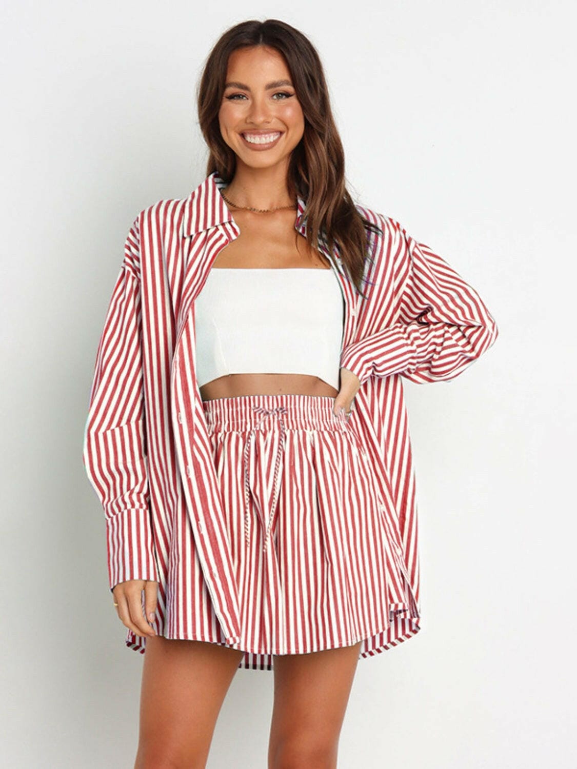 Bon Voyage Striped Button Down Top & Shorts Set-2 Piece Outfit Sets-Krush Kandy, Women's Online Fashion Boutique Located in Phoenix, Arizona (Scottsdale Area)