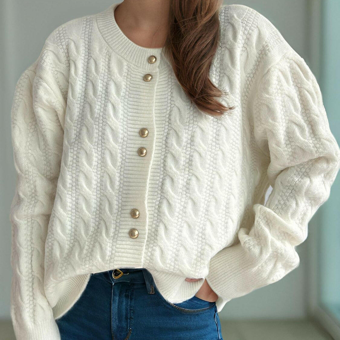 Cable-Knit Round Neck Long Sleeve Cardigan-Cardigans-Krush Kandy, Women's Online Fashion Boutique Located in Phoenix, Arizona (Scottsdale Area)