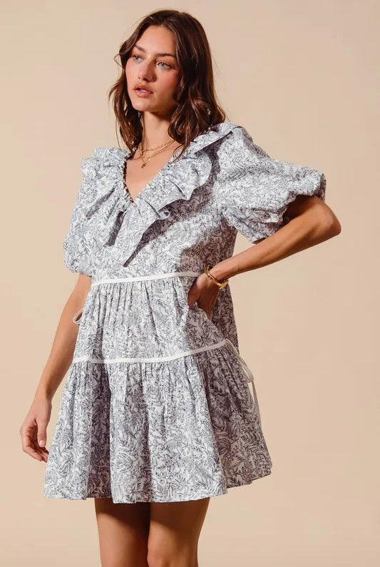 SO ME Cotton Printed Ruffle V Neckline Dress with Side Tie-Dresses-Krush Kandy, Women's Online Fashion Boutique Located in Phoenix, Arizona (Scottsdale Area)