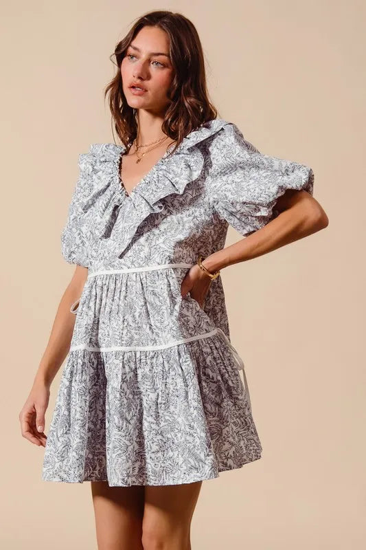 SO ME Cotton Printed Ruffle V Neckline Dress with Side Tie-Dresses-Krush Kandy, Women's Online Fashion Boutique Located in Phoenix, Arizona (Scottsdale Area)