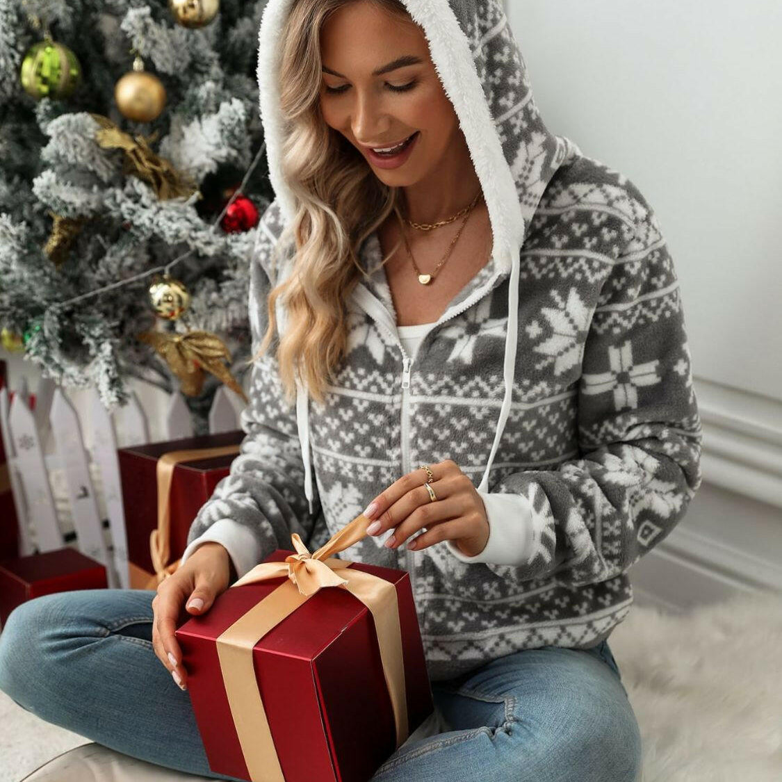 Drawstring Snowflake Zip Up Hooded Outerwear-Hoodies-Krush Kandy, Women's Online Fashion Boutique Located in Phoenix, Arizona (Scottsdale Area)